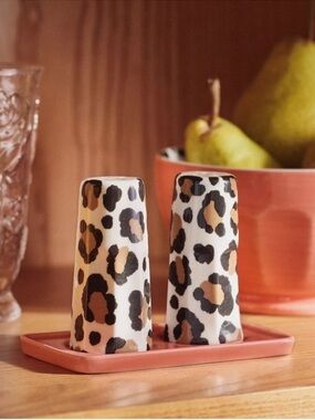 Anthropologie Leopard Stoneware Salt and Pepper With Tray Set